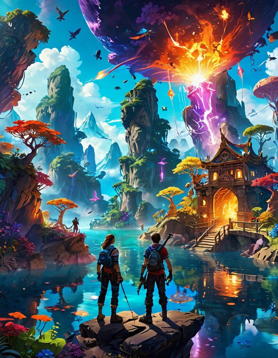 A vibrant and dynamic scene showcasing a group of diverse gamers, immersed in an exciting virtual world full of vivid colors and fantastical landscapes. Include elements such as glowing avatars, action-packed gameplay, and uplifting expressions on their faces as they embark on their adventures. The background should feature a fantastical realm with elements like floating islands, mystical creatures, and colorful explosions that embody the spirit of adventure. super-realistic. vibrant colors. fantasy.